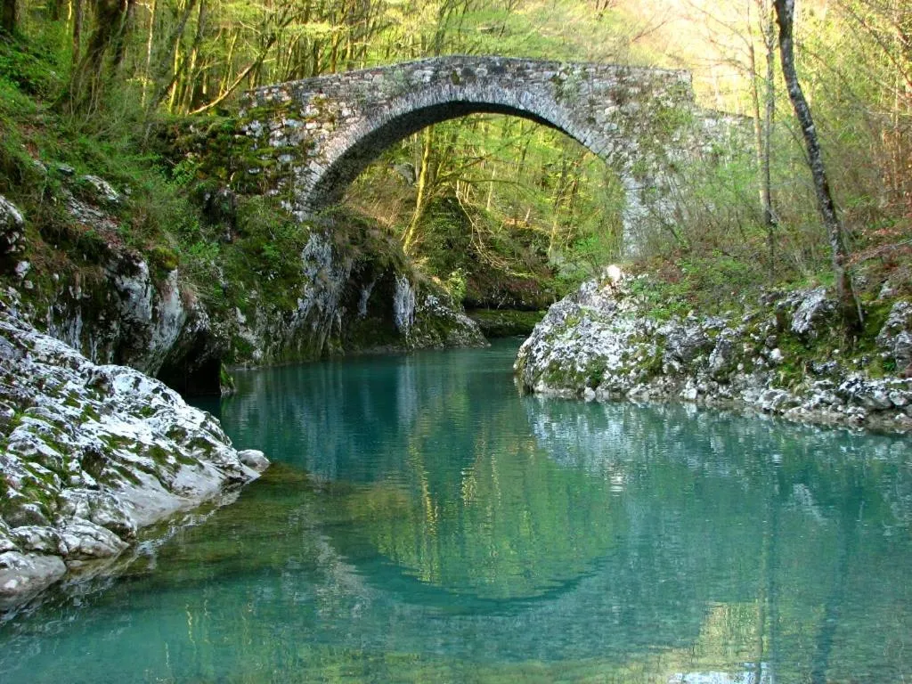 Kamniti most čez zeleno reko v soteski